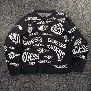 Y2K Guess Men's M Crewneck Knit Pullover Sweater Black and White All Over Print